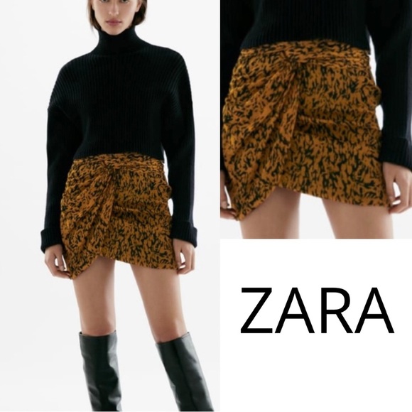 ZARA Women’s Draped Mini Skirt Mustard Black Print Size M - Picture 1 of 9